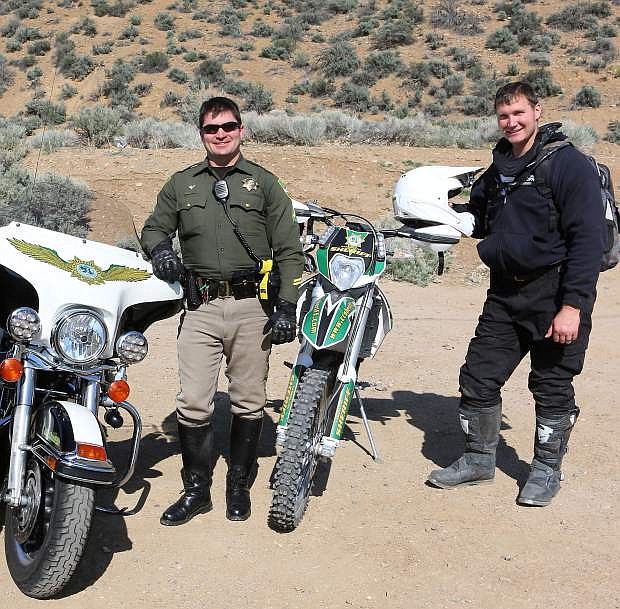 Deputies Matt Smith and Joey Trotter stand next to their motor bikes during a dirt bike demonstration. Smith and Trotter are two of the five deputies in the Carson City Sheriff&#039;s Office&#039;s Motor Unit, where they use motorcycles and dirt bikes in lieu of traditional police vehicles.