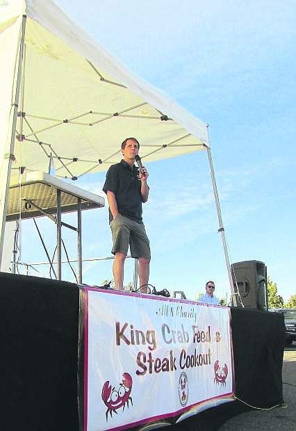 University of Nevada men&#039;s basketball coach Eric Musselman listens to and addresses the audience Friday at the sixth annual Jethro&#039;s Charity King Crab Feed &amp; Steak Cookout.