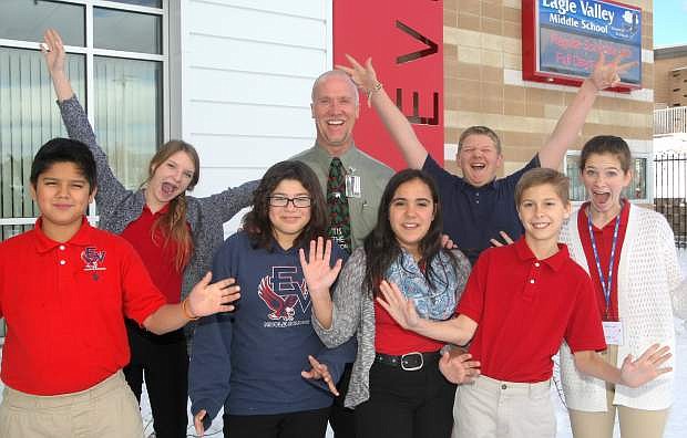 Eagle Valley Middle School students celebrate principal Lee Conley&#039;s principal of the year award.