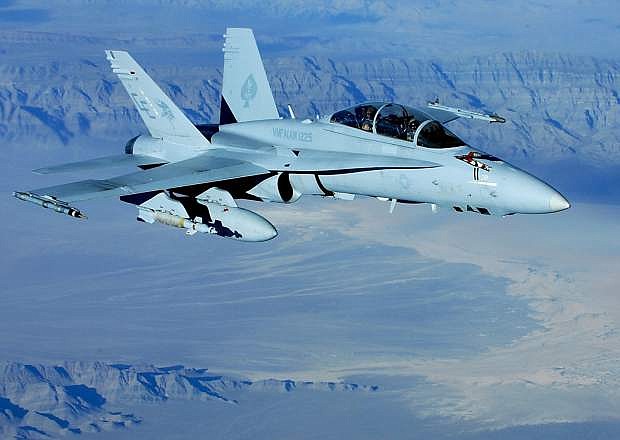 A U.S. Marine Corps F/A-18 similar to this one crashed Saturday in rugged terrain east of Fallon. This aircraft was patrolling the skies over the Nevada Test and Training Range in June 2010.