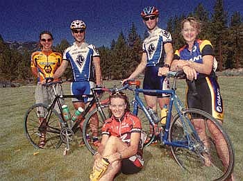 Brian Corley photoThis group of mountain bikers from New Zealand wrapped up a month-long stay in the Carson Valley area Sunday by competing in the Diamond Valley Road Race, including (from the left) Paul Bishop, Rebecca Rose (seated), Dean Hill and Lisa Savage.