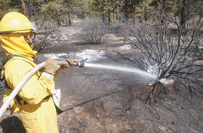 Photo by Brian CorleyJana Maas with the Reno fire department hoses down a burnt bush after a brush fire burned close to four acres in Washoe Valley on Sunday. Despite high winds and dry brush, fire fighters were able to put out several small fires in the area as fire season has gotten off to an early start.