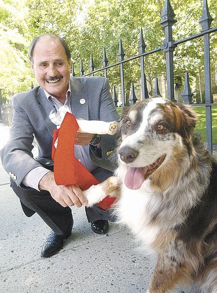 Mayor Ray Maysako shakes the paw of Rusty, an Austrialian Shephard, and offers a bow tied chew toy just before announcing a proclamation making July 6 the Day of the Dog. Photo by Brian Corley