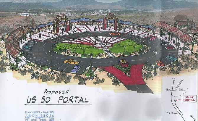 The entrance to Carson City on Highway 50 East could be enhanced by a portal such as the one in this artist&#039;s concept. The portal rest stop includes historical elements, such as the stone arches saved from the old V&amp;T Railway yard, and information about Carson City.