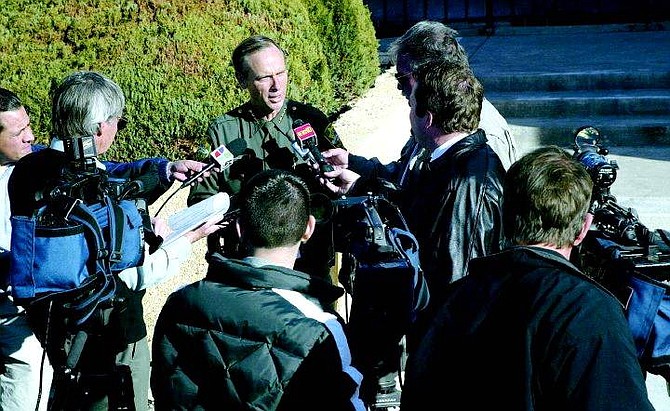 CATHLEEN ALLISON/NEVADA APPEAL Carson City Sheriff Kenny Furlong answers media questions about a woman missing since Monday, at the Sheriff&#039;s Department in Carson City, Nev. on Thursday, Nov. 13, 2003.  Bertha Anguiano, 33, has been missing since she dropped her 6-year-old son at school on Monday morning.