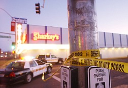 The north parking lot next to Sharkey&#039;s Casino in Gardnerville and the street next to it were blocked off with police tape after a battery that later turned into a murder investigation when the victim died Sunday morning. Douglas County Sheriffs roped the area off Sunday afternoon when they got word off the incident that they responded to intially and made no arrests due to an uncoopertive victim. Photo by Brian Corley