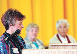 Mary Nagel, left, talks about Catherina Bertha Cordes Lundergreen, one of five surviving women honored during the Carson Valley Historical Society&#039;s Women&#039;s History Remebering Project. Twelve women were honored and all five surviving women were able to attend. Photo by Brian Corley