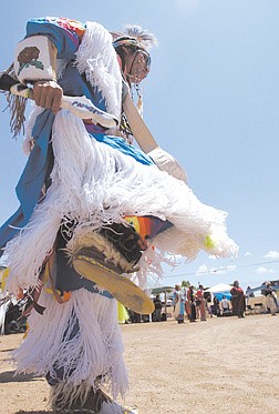 Andrew Windy Boy, of Summit Lake, NV, dances during the Dresslerville Powwow Sunday afternoon.