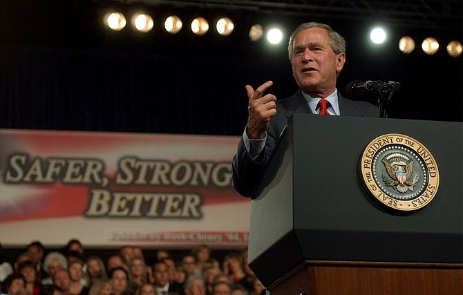 President Bush speaks at a campaing rally at the Reno-Sparks Convention Center in Reno, Nev., Friday, June 18, 2004. (AP Photo/Susan Walsh)
