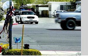Cathleen Allison/Nevada Appeal A Lyon County Sheriff&#039;s Deputy works radar enforcement in front of the Depot Casino, where employee Paul Dessaussois was hit and killed in the crosswalk Thursday.