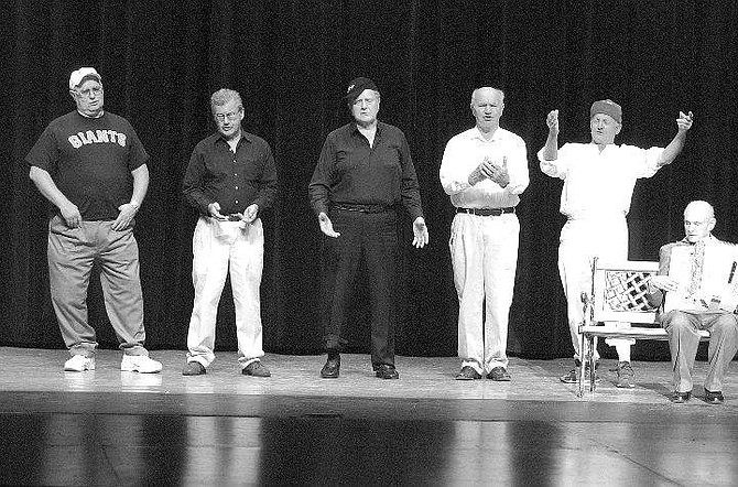BRAD HORN/Nevada Appeal Linwood Gallagher, from right, performs &quot;School Days&quot; with the mens chorus, from right, Joe Dietsch, Bob Savage, Bill Paradis, Frank Taylor and Jon Shambaugh, during the Senior Follies at the Carson City Community Center Sunday afternoon.