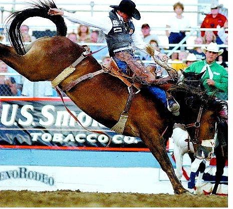 BRAD HORN/Nevada Appeal Matt Marvel, of Battle Mountain, rides to an 80 in the saddle bronc riding competition at the Reno Rodeo.