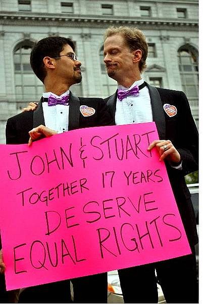 Gay couple Stuart Gaffney, left, and John Lewis protest in front of the California Supreme Court Thursday, Aug. 12, 2004, in San Francisco. San Francisco Mayor Gavin Newsom overstepped his authority when he issued more than 4,000 same-sex marriage licenses earlier this year, the California Supreme Court ruled Thursday. California&#039;s high court said Newsom did not have the authority to dole out 4,037 marriage licenses to gays and lesbians beginning Feb. 12, a move the justices said contradicted legislation and a voter-approved measure declaring marriage as a union between a man and woman.  Gaffney and Lewis were issued a same-sex marriage license six months ago in San Francisco. (AP Photo/Ben Margot)