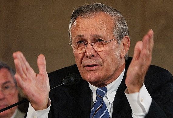 Defense Secretary Donald Rumsfeld appears before the Senate Armed Services Committee on Capitol Hill  Tuesday, Aug. 17, 2004, to discuss proposed reorganization of the intelligence community.  (AP Photo/Dennis Cook)