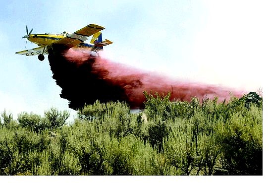 Cathleen Allison/Nevada Appeal A single-engine air tanker, an Air Tractor 802, drops fire retardant on the Andrew fire, which began Wednesday.