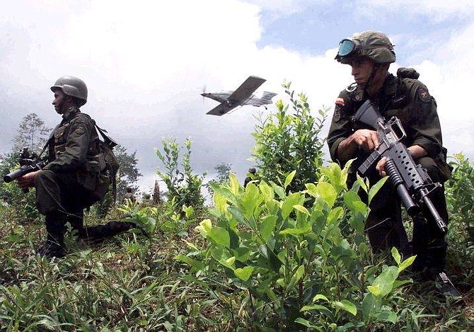 Anti-Narcotics police keep guard in a coca field as a plane fumigates the crop close to Tumaco, about 360 miles southwest of Bogota, Colombia in this Sept. 12, 2000 file photo. Authorities suspect a new threat is lurking in the mountains and jungles of Colombia: Not a new rebel cadre, but genetically altered coca plants that may be taller, bushier and faster-growing than the regular kind _ and possibly more resistant to herbicides. (AP Photo/Scott Dalton, file)
