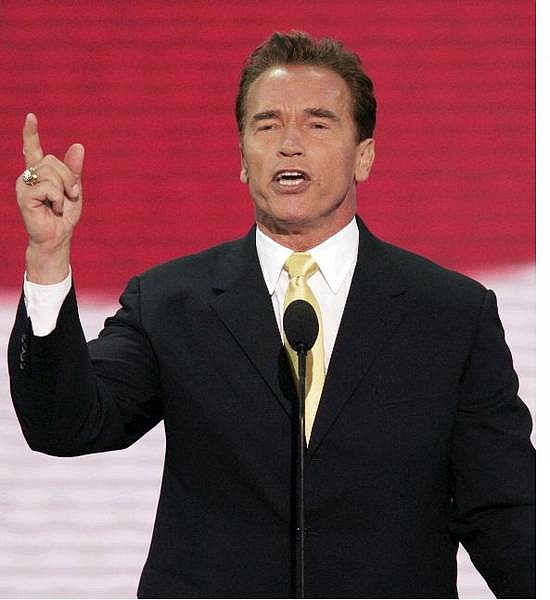 California Gov. Arnold Schwarzenegger addresses the delegates at the Republican National Convention Tuesday, Aug. 31, 2004, in New York. Austrian historians challenged Schwarzenegger for telling the convention that he saw Soviet tanks in his homeland as a child and left a &quot;socialist&quot; country when he moved away in 1968. (AP Photo/J. Scott Applewhite)