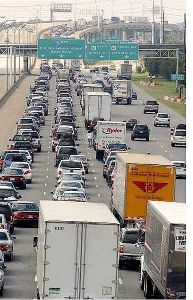 Interstate 10 is jammed with traffic as people leave New Orleans Tuesday afternoon, Sept. 14, 2004. Many residents are evacuating the city in advance of the possible arrival of Hurricane Ivan. (AP Photo/Bill Haber)