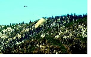 Rick Gunn/Nevada Appeal A helicopter drops a load of hay Tuesday afternoon above Ash Canyon on a section of forest burned during the Waterfall fire.