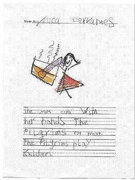 By Angelica Cervantes, 7 years old. &quot;The mom eats with her hands. The Pilgrims eat meat. The Pilgrims play Knickers.&quot;