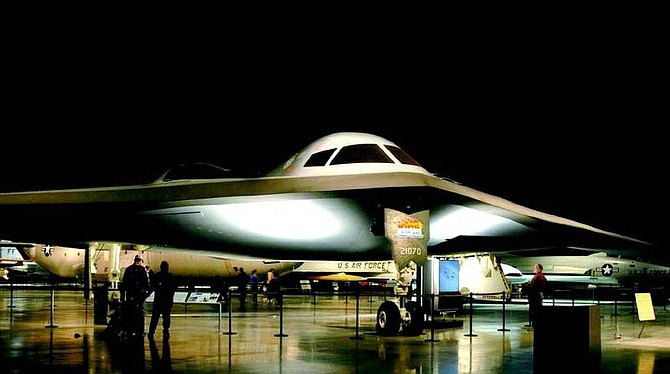 Sam Bauman/Nevada Appeal Dramatically lighted, an early version of the B-2 bomber looks like someting from the future.