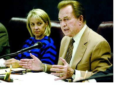 Cathleen Allison/Nevada Appeal Senate Majority Leader Bill Raggio, R-Reno, talks about compensation for lawmakers during a Senate Committee on Legislative Operations and Elections Tuesday afternoon at the Legislature. Sen. Barbara Cegavske, R-Las Vegas, is at left.