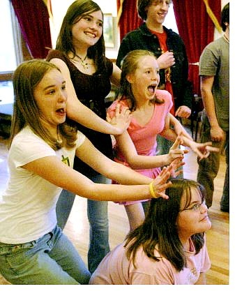 Cathleen Allison/Nevada Appeal The Improv Kids, including from left, Tracey Morris, Lainey Henderson, Elizabeth Bennett and Chloe DeBacco, do a skit at the Brewery Arts Center on Monday afternoon. They will perform at the center Friday and Saturday at 7 p.m.