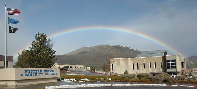 A rainbow stretches across the campus of Western Nevada Community College.