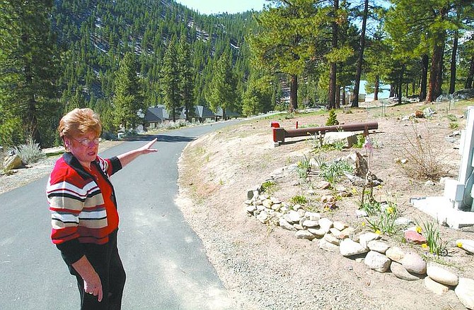 Rick Gunn/Nevada Appeal Clear Creek-area resident Sharon Arnold points to a partially cleared area that will act as a protective fire-break near her home. Arnold has cleared heavy underbrush and replaced quick-burning cheatgrass with less fire- conductive vegetation.