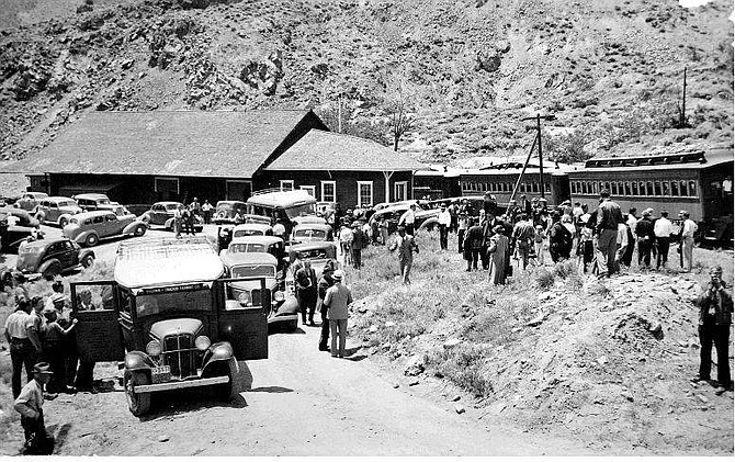 Nevada Historical Society/Photo California, Nevada, Railroad Historical Excursion train to Virginia City on June 5, 1938, at the Gold Hill Depot.