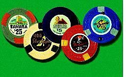 photo illustration by Rebecca Enerson/Nevada Appeal News Service. These classic casino gaming chips are among those being auctioned on eBay. The opening bid for more than 6,000 casino chips and tokens has already reached $1 million.