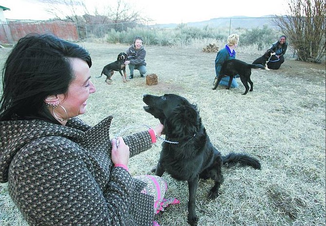 Cathleen Allison/Nevada Appeal Lorayn Walster, left, plays with Gypsy Thursday afternoon at the Canine Country Club in Minden. Walster and volunteers from left rear, Dorothy Morrison with Gracie, Corrine Gentry with Patrick and Marcie Young with Scooter play with some of the rescue dogs who are available for adoption through Dog Town Canine Rescue.