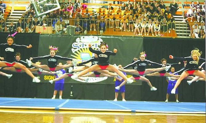 BRAD HORN/Nevada Appeal The Carson High School cheerleading team competes in the all-show portion of the Silver State Spirit Championships on Saturday at Carson High School. It was the first-ever statewide competition.