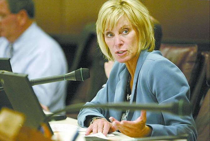 Nevada Sen. Sandra Tiffany, R-Henderson, will face ethics charges that she used her official position to benefit her private business. The charges could lead to  impeachment. She is seen here during a committee hearing at the Legislature on May 24.  Cathleen Allison/Nevada Appeal file photo
