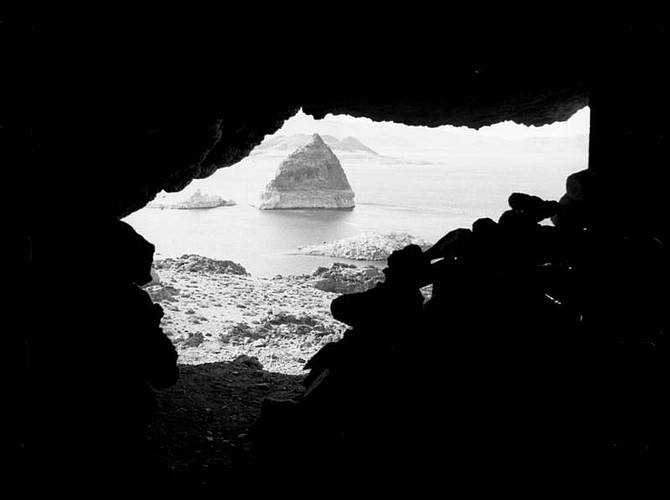 View of the Pyramid from inside one of the caves on the east side of the lake. (Photo by Richard Moreno)