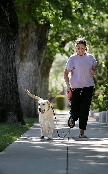 Chad Lundquist/Nevada Appeal Rebecca Hanzlik, 11, walks her 6-month-old Labrador Bella down Robinson Street Sunday. Hanzlik, was chosen as the 2005-06 Youth Participant of the Year by the state&#039;s Parent-Teacher Association.