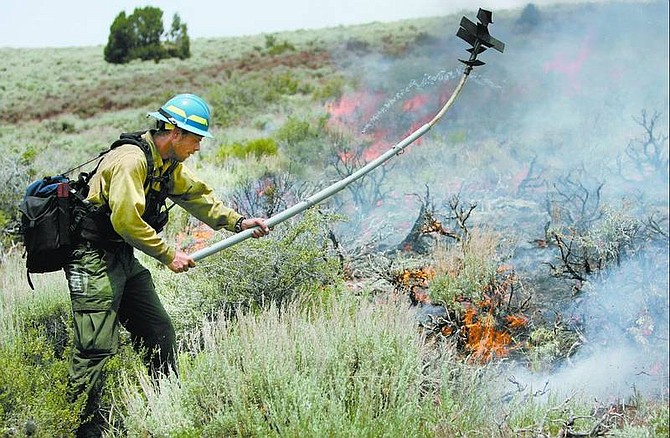 Cathleen allison/nevada appeal Bill Harris, with the Lakeview Helitack crew from Lakeview, Ore., fights the Linehan fire at the top of Goni Canyon on Tuesday. Harris and other members of his crew were fighting the fire with &quot;flappers,&quot; a device they were introduced to by Alaskan smoke jumpers. The light-weight rubber devices are made from a material similar to a truck mud flap and are used in grass fires to beat out the embers.