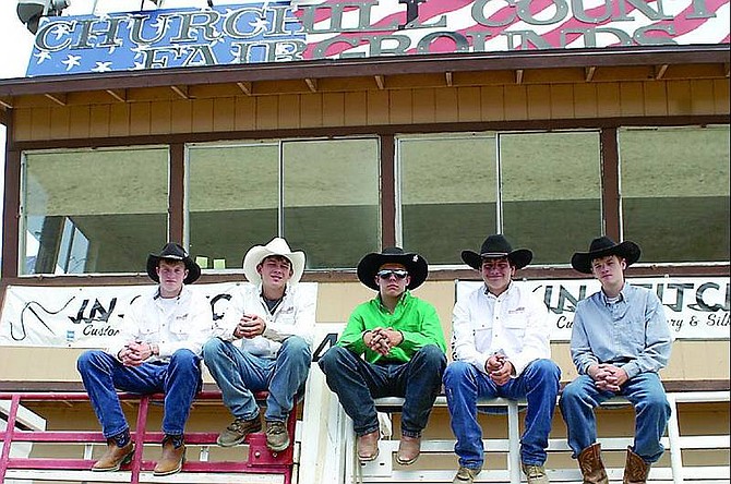 Members from the Pennsylvania High School Rodeo Association are, from left: Matt Shrader, Adam Housmer, Andy Paul, Jim Hoke and Tom Shrader. The cowboys and their families traveled across the country for the Silver State International Rodeo in Fallon this week.   Photos by STEVE RANSON/ Appeal News Service