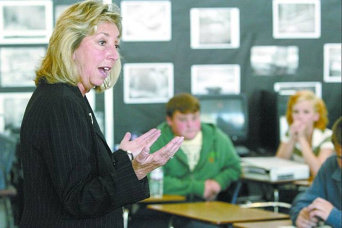 Cathleen Allison/Nevada Appeal Nevada Sen. Dina Titus, D-Las Vegas, speaks to a group of Pioneer High School students Friday afternoon. Titus, who is running for governor, discussed issues and answered questions raised by the students.