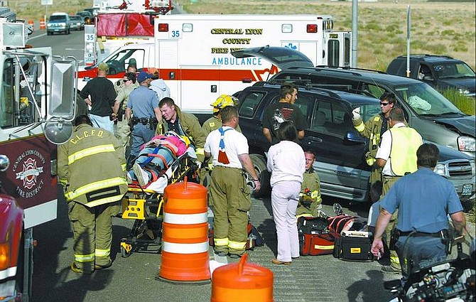 Cathleen Allison/Nevada Appeal Eight people were taken to area hospitals following a two-car accident at Apache Drive and Hwy. 50 East in Stagecoach on Thursday afternoon.