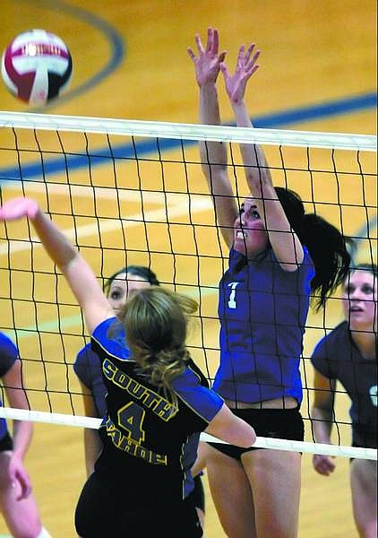 Chad Lundquist/Nevada Appeal Carson&#039;s #7 Nicole Carlevato blocks a shot by Tahoe Viking&#039;s #4 Stephanie Hansen during Tuesday&#039;s game.