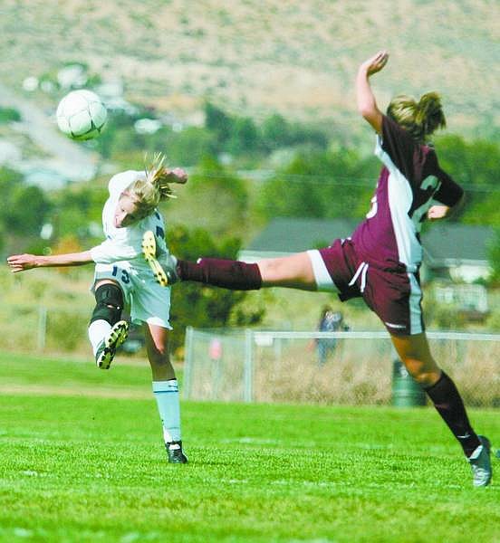 BRAD HORN/Nevada Appeal Savannah Gray, of Gardnerville, shoots on goal against North Idaho College at Edmonds Sports Complex on Saturday.