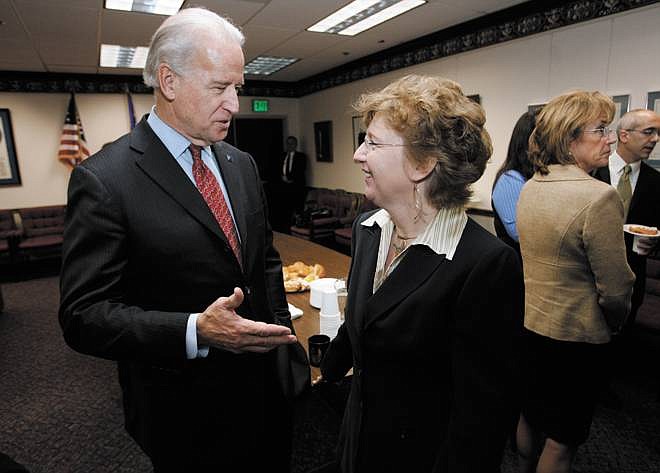 Cathleen Allison/Nevada Appeal Democratic presidental candidate Sen.  Joe Biden speaks with Nevada Assembly Speaker Barbara Buckley on Tuesday at the Legislature.