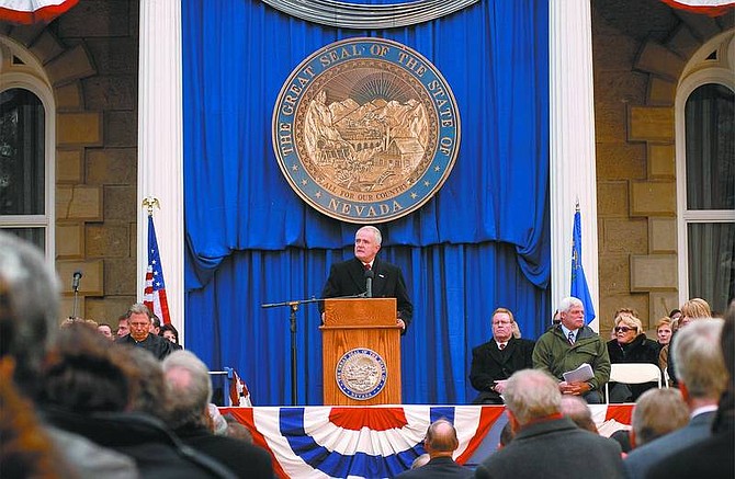 Kevin Clifford, Nevada Appeal Jim Gibbons, governor of Nevada, gives his inaugural address to guests on Tuesday at the Capitol. Gibbons, the state&#039;s 29th governor, said his administration and lawmakers, both Republican and Democrat, must work together.