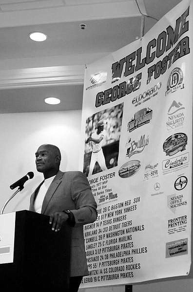 Chad Lundquist/Nevada Appeal George Foster talks to a crowd of about 250 people Sunday at the Plaza Hotel during a &quot;Meet and Greet&quot; to raise money for the Boys &amp; Girls Club of Western Nevada.
