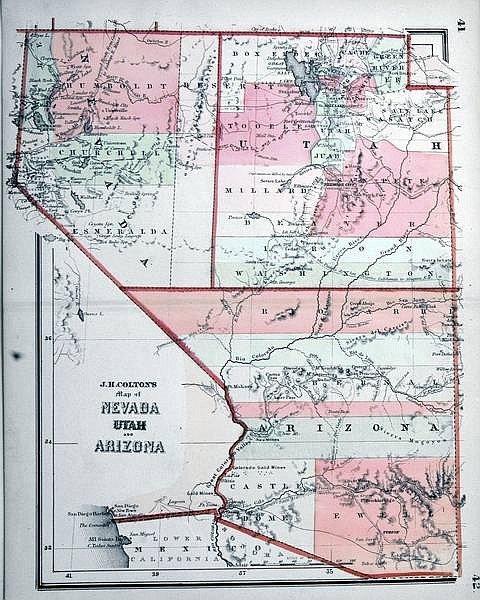This photo of a territorial map from 1865 shows the boundaries of  Nevada, Utah and Arizona, which  features the Las Vegas Valley as part of  Arizona. On Jan. 18, 1867, the newly  minted  Silver State took  possession of a mostly empty,  triangle-shaped slice of the  Arizona  Territory, just west of the  Colorado River. That region became the greater Las Vegas area - and changed the face of the state.    Nevada State  Museum map