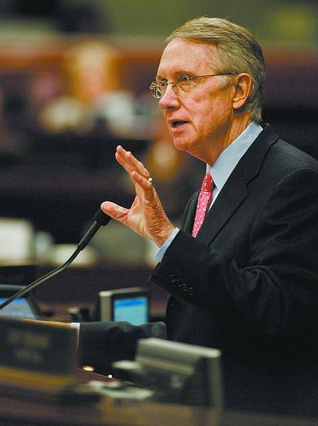 Cathleen Allison/Nevada Appeal U.S. Senate Majority Leader Harry Reid addresses Nevada lawmakers Tuesday night at the Legislature.