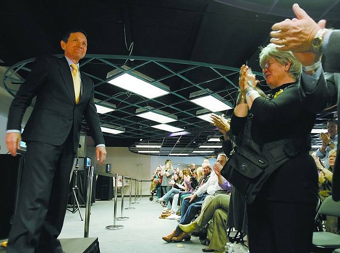 Chad Lundquist/Nevada Appeal Presidential candidate U.S. Rep. Dennis Kucinich, D-Ohio, greets a crowd of about 300 at the Nevada Appeal on Wednesday afternoon. The Appeal served as the overflow viewing area for the Democratic Presidential Candidates Forum at the Carson City Community Center.