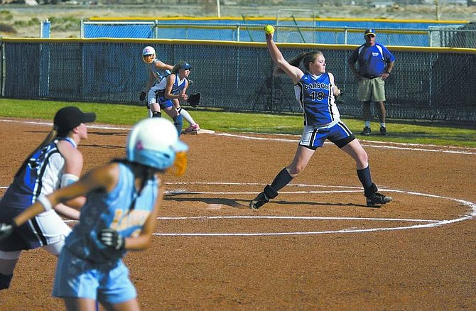 Cathleen Allison/Nevada Appeal Carson&#039;s Cassie Vondrak pitches against Reed at CHS on Tuesday. Carson lost 7-5.