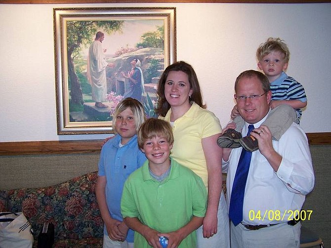 Submitted Photo Grahame Ross, right, stands with his wife, Sara, and three boys, from left, Zach, Nick and Liam. Ross celebrated 10 years of sobriety on April 16.